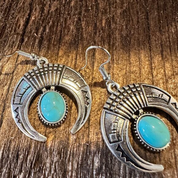 Turquoise Stone Bohemian Vintage Squash Droplet Dangle Earrings with Gift Box - Picture 7 of 8